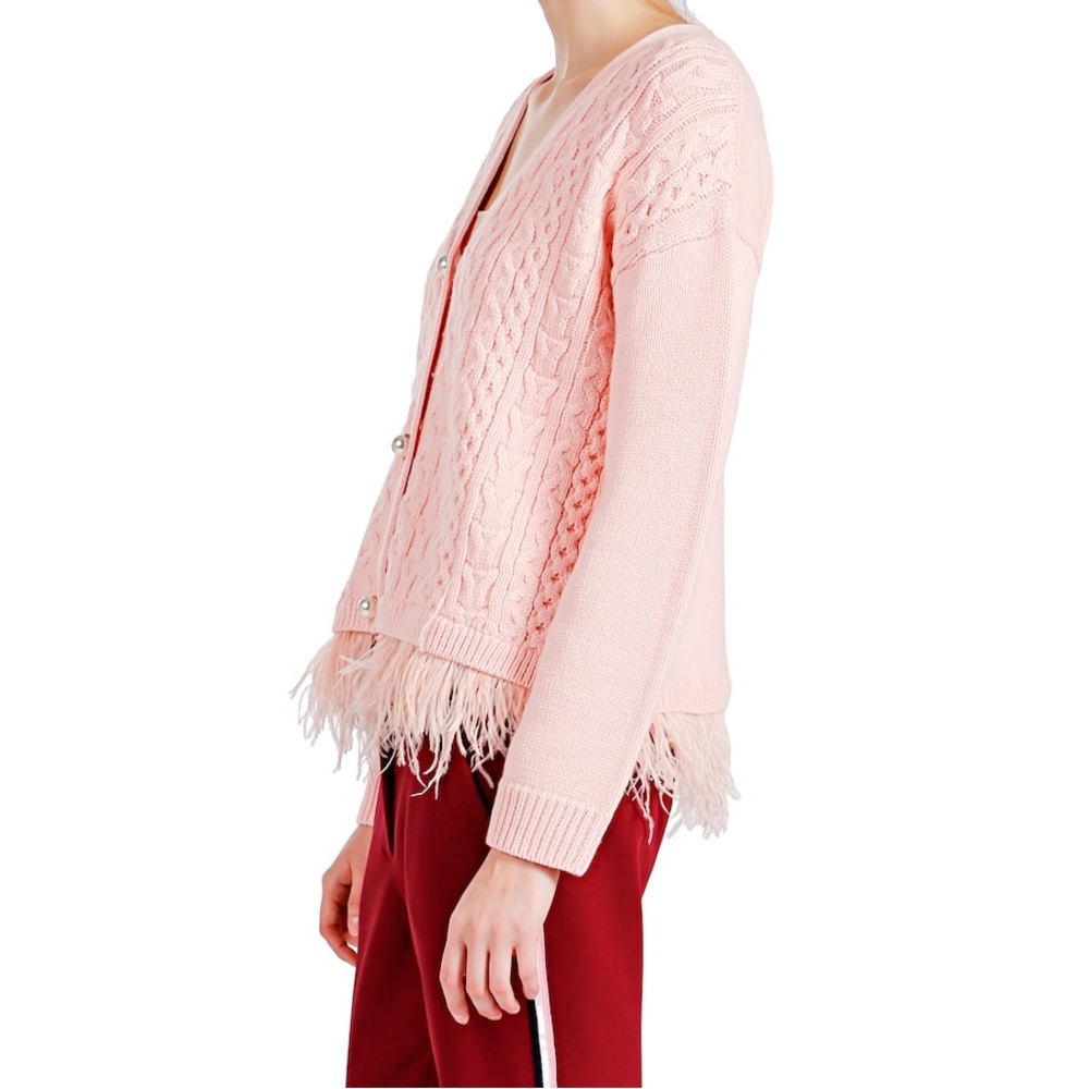 Pink Tartan Feather Trim Cardigan